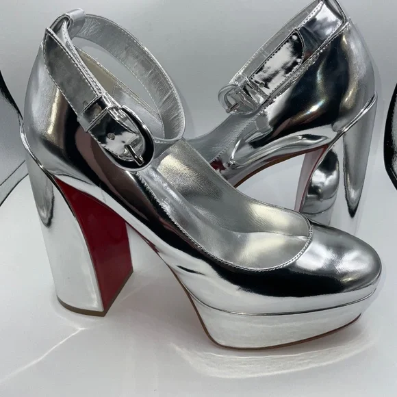 Christian Louboutin Silver Movida Strap Patent Leather Platform Pumps Sz 38 - Picture 4 of 6